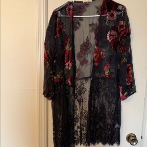 Maurices Sheer Black Kimono with Red Floral Design - L/XL